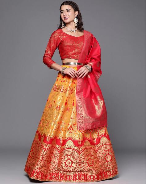 Nice Gota Work Rayon Mustard and Red Lehenga Choli