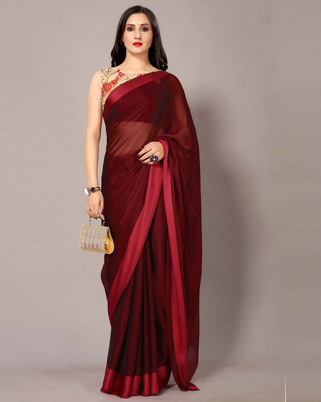 Buy Maroon Silk Saree With Silk Blouse Online - SARV01577 | Andaaz Fashion