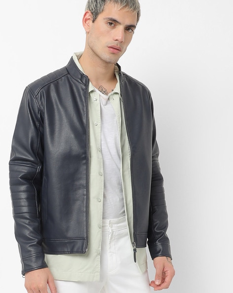 Buy SHOWOFF Mens Spread Collar Black Solid Leather Jacket online