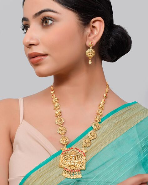 Gold Finish Premium Quality Zircon & Ruby Stone Flower & Leaf Design  Necklace & Earrings set By online