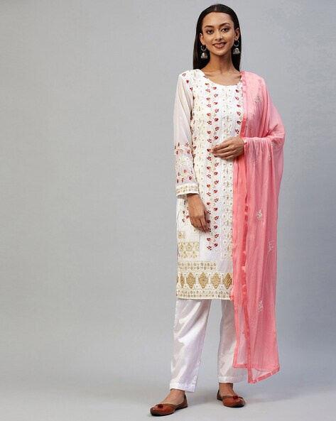 Floral Embroidered Semi-stitched Straight Dress Material Price in India