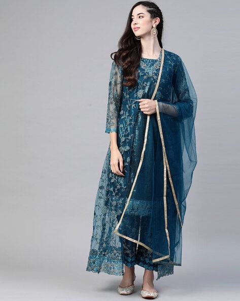 Floral Embroidered Semi-stitched A-line Dress Material Price in India