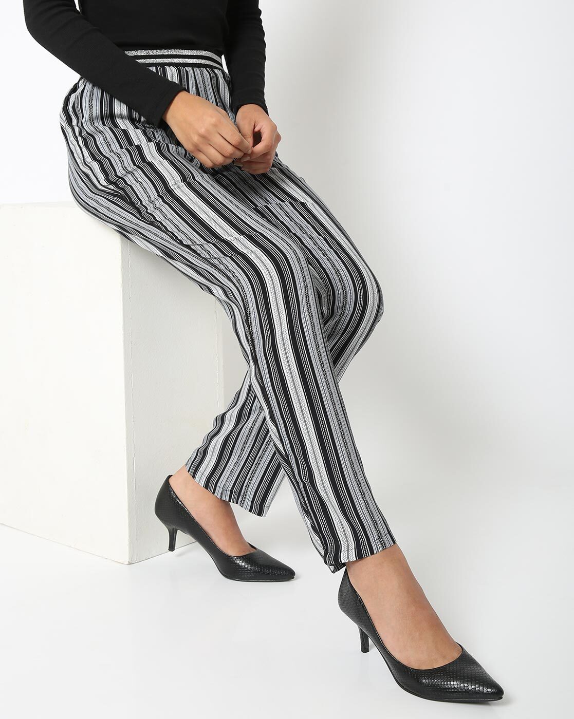 Vertical Lines Striped Twill High Waist Front Zip Pants – TheBlingThing.com