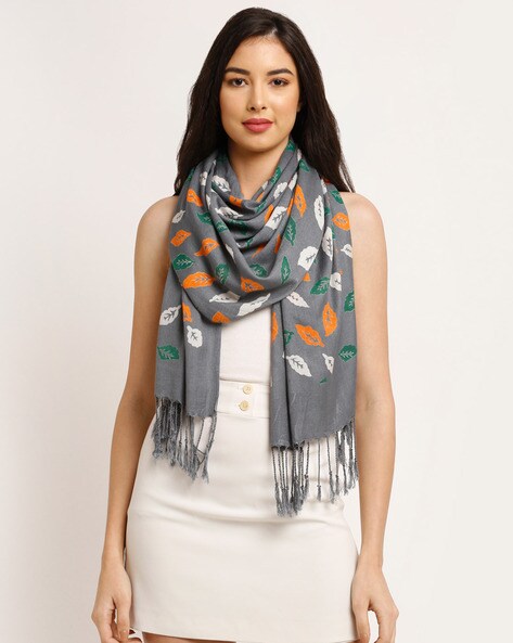 Leaf Print Stole  with Tassels Price in India
