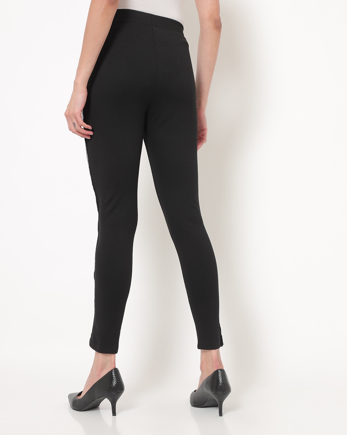 Straight Fit Striped Solid Black Treggings With Double Stripe at Rs 460 in  New Delhi