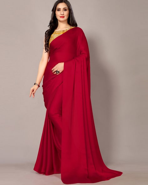 Solid Satin Silk Saree Women Bollywood Indian Sari With Unstitched Blouse Red 