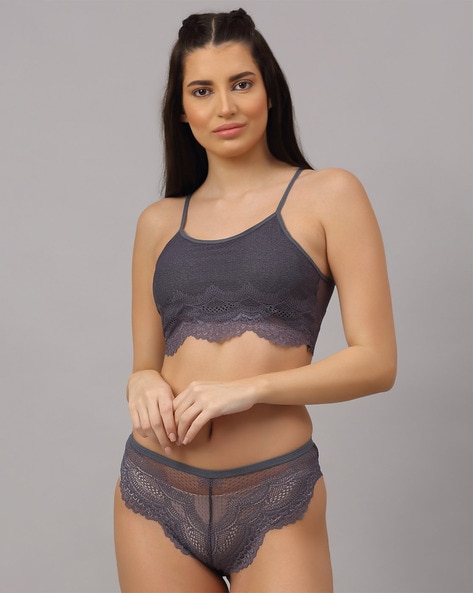 Buy PrettyCat Grey Lace Bralette & Panty Set for Women Online