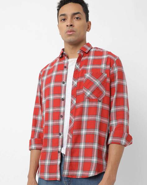 John Players Jeans Men Slim Fit Checked Shirt with Patch Pocket | 42