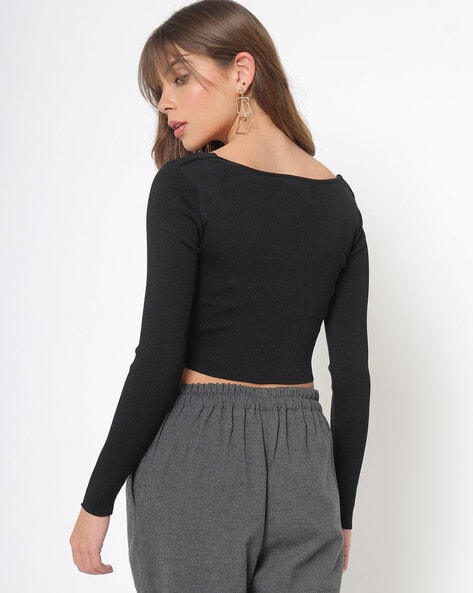 Pointelle Square Neck Short Sleeve Tie Back Sweater Crop Top - China Crop  Top Manufacturers and Black Crop Top price