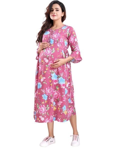 Buy The Mom Store Maternity and Nursing Midi Length Dress | Printed  Georgette | Snap Buttons | Nursing | Casual Dress | Pre and Post Pregnancy  | Geometric Print | Color - Navy Blue | Size - L at Amazon.in