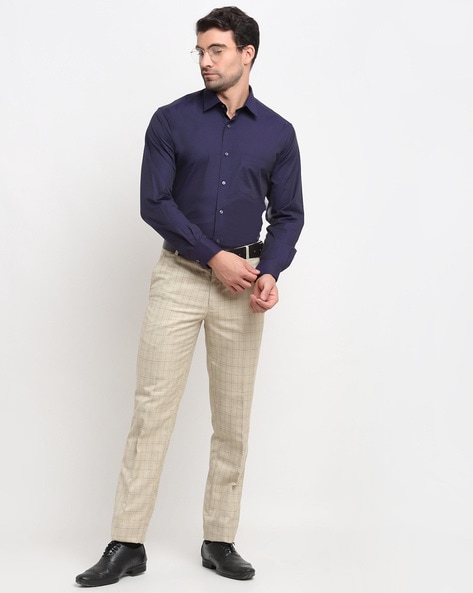 Checked Flat-Front Trousers with Insert Pockets