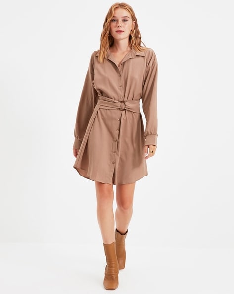 brown button down shirt dress