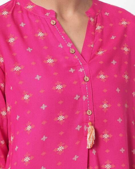 Floral Print Tunic with Mandarin Collar view 3