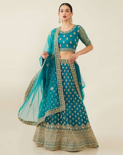 Turquoise Blue Chinon Multicolour Floral Printed Sleeveless Lehenga Set  With Hand Embroidery And Sequins Shop Online at Soch USA & Worldwide