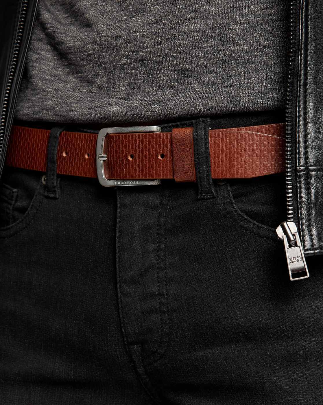 BOSS - Italian-leather belt with embossed monograms
