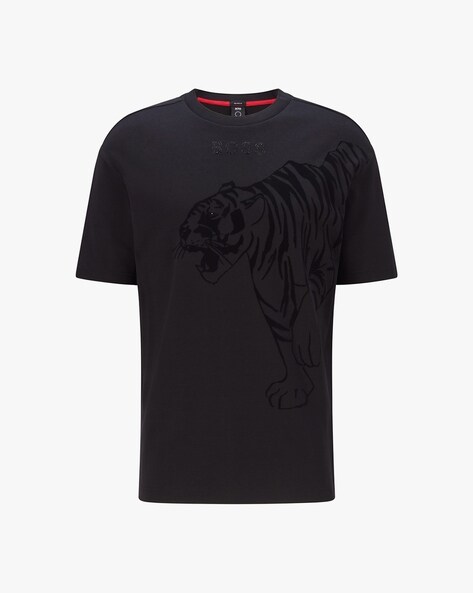 BOSS - Cotton T-shirt with tiger graphic and rhinestone logo