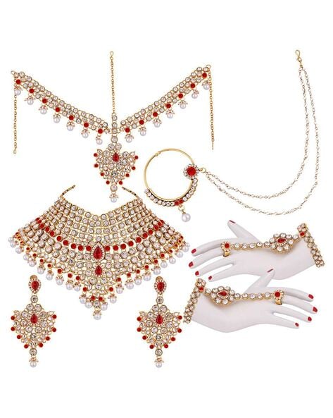 Buy RUPAL Art Jewellery Traditional Jewellery Set, Gold Plated and Red  Stone Work Wedding Jewellery Set with Long Necklace, Choker Necklace, Maang  Tikka, Earrings, Bajubandh, Nose Ring & Hath Panja at Amazon.in