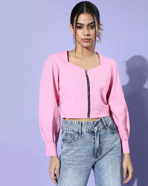 Buy ZIPS-UP-AND-DOWN SOLID PINK RIBBED JACKET for Women Online in India