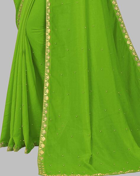 Pothys - A mustard and green Paris chiffon saree with delicate embroidery.  | Facebook