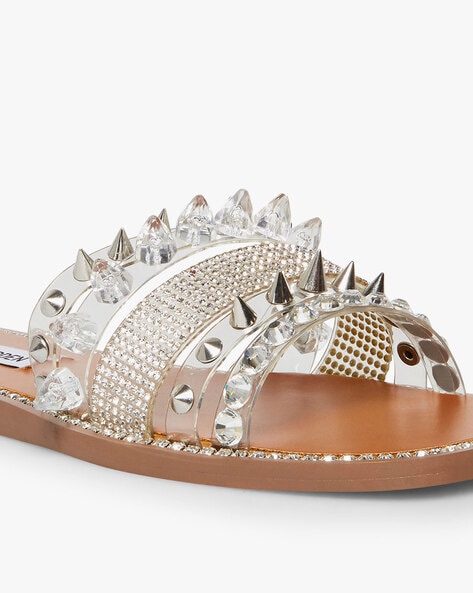 Shop Rosaria Silver Studded Transparent Rubber Leather Sandals