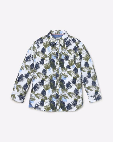 Leaf Print Shirt with Patch Pocket