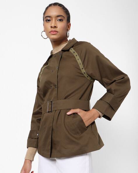 Encrustd Double-Breasted Trench Coat with Waist Belt