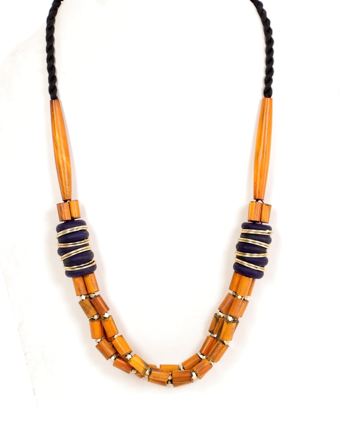 Tribal Orange Metallic Bead Cotton Ball Necklace by Nishna Designs