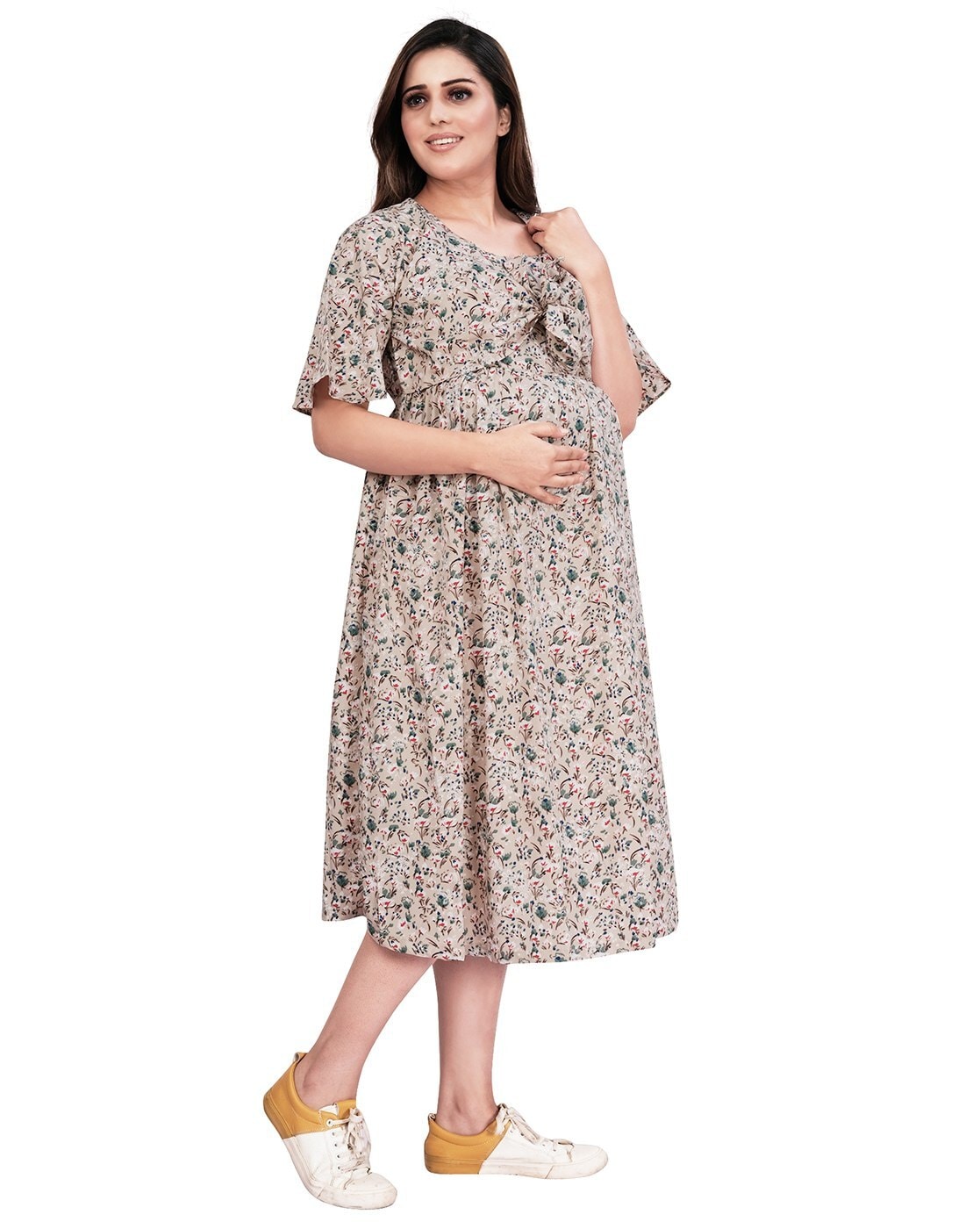 Women's Floral Short Sleeve Loose Maternity Dresses Pregnancy Clothes  Summer Casual Soft Waist Pleated Print Knee Length Dress