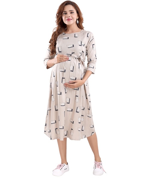 Beige Floral Gather Maternity & Feeding Dress