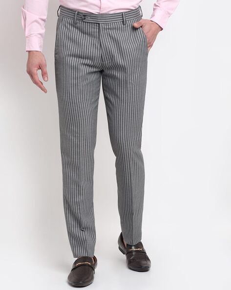 Buy Sojanya Grey & Off White Striped Trousers for Men Online @ Tata CLiQ