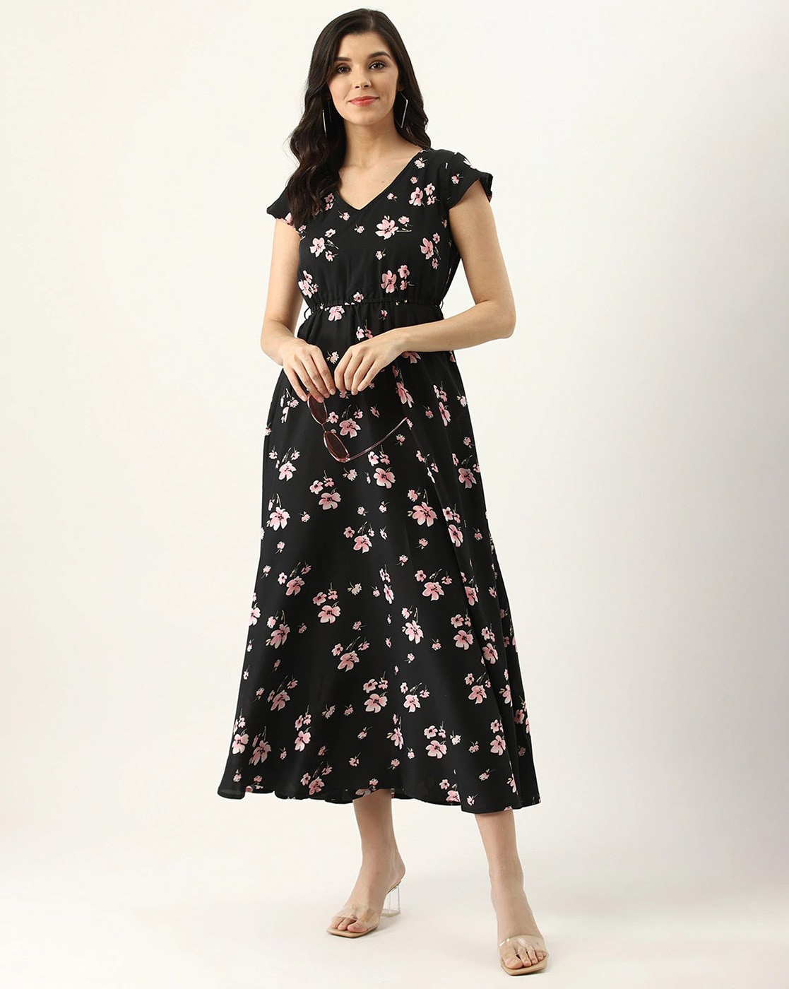 Buy Tokyo Talkies Black Floral Print Flared Maxi Dress With A Belt  Dresses  for Women 2299060  Myntra