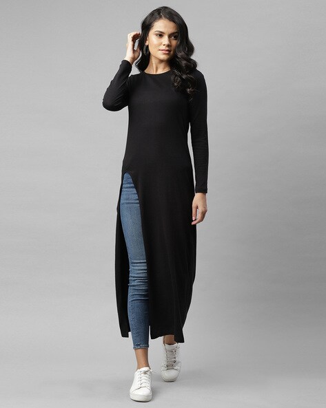 Round-Neck Top with Front Slit