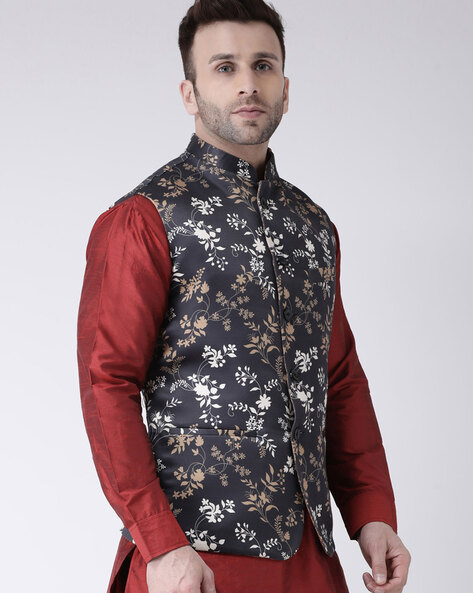 Versailles | Black Floral Print Nehru Vest / Bandhi | Saffron Lane