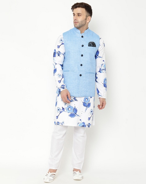Designer Embroidered Navy Blue Nehru Jacket Set