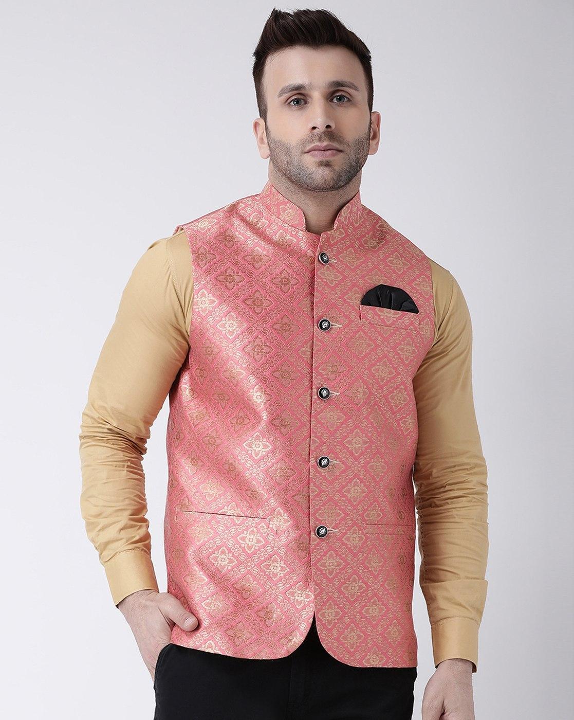 Men's Light Pink plain Kurta with Light Pink Nehru Jacket and White Pyjama  Set - Sanwara Fashions - 3504599