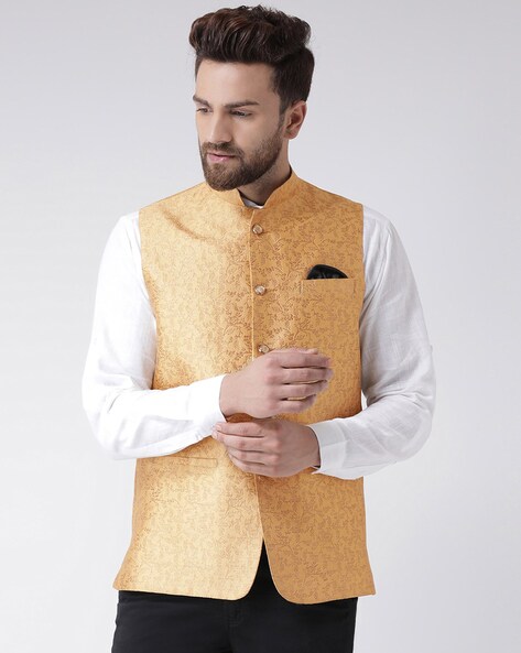Buy Men's Black Solid Kurta with Churidar & Golden Printed Nehru Jacket  online at Trendia