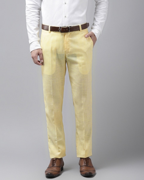 Sycamore Yellow Textured Regular Fit Cotton Pant For Men