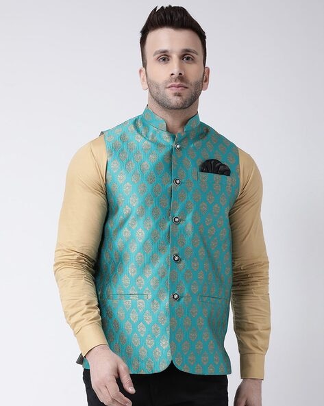 Jodhpuri Men's Turquoise colour nehru jacket - Madhu Shree Safa & Sherwani  - 3022565