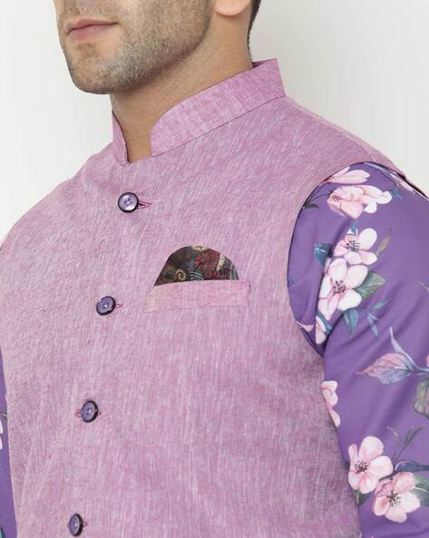 Beige Kurta Pyjama With Nehru Jacket Set