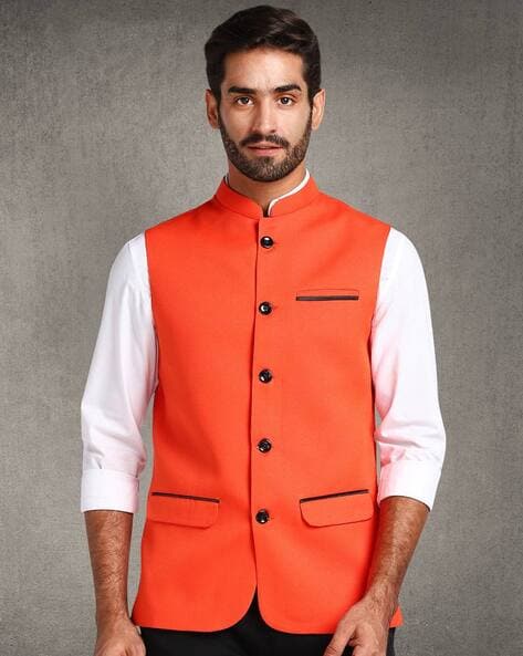 Buy Biking Red Nehru Jacket And Kurta Set In Bandhani Print, Matching Kurta  In Hand-Block Print In Full Sleeves KALKI Fashion India