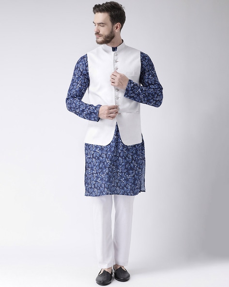 White kurta pajama with clearance blue waistcoat