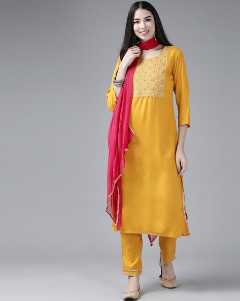 Hot Pink and Yellow Party Wear Kurti -