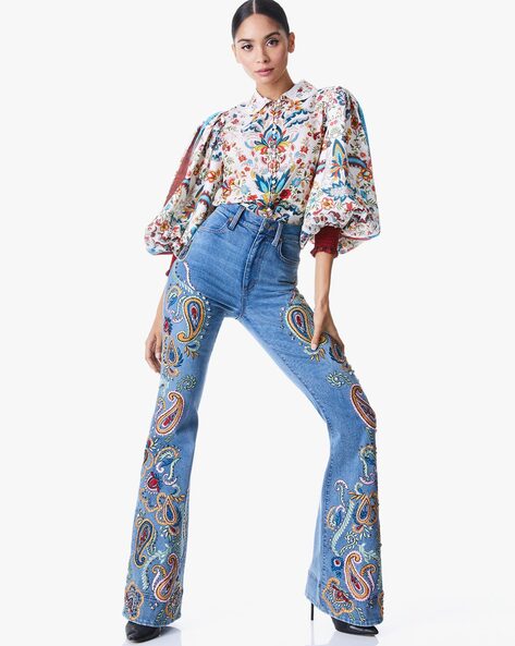 Paisley Embroidered Bell Bottom Jeans