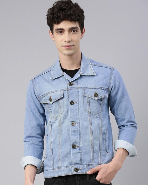 Mens Premium Cotton Faded Denim Jean Button Up Slim Fit Jacket Light Blue M  - Walmart.com