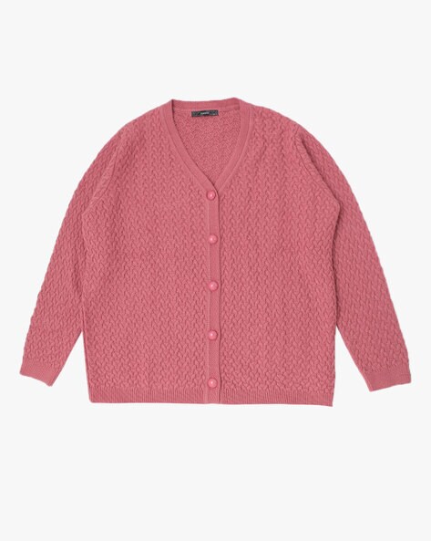 V-Neck Cardigan in Fisherman Stitch, for Girls Pink Light Solid