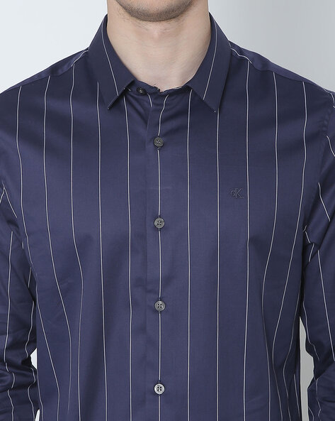 Calvin Klein Jeans Men Striped Formal White, Blue Shirt - Buy