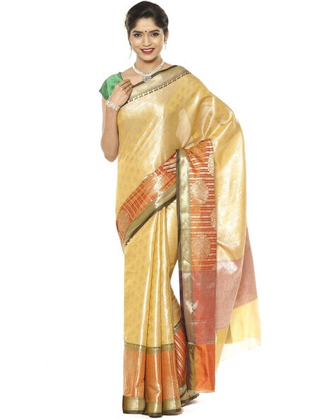 Kancheepuram Festive Yellow Silk Saree Golden Color with Red Border #44581  | Buy Silk Saree Online