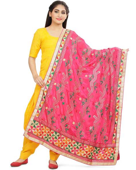 Phulkari Embroidered Dupatta with Lace Border Price in India