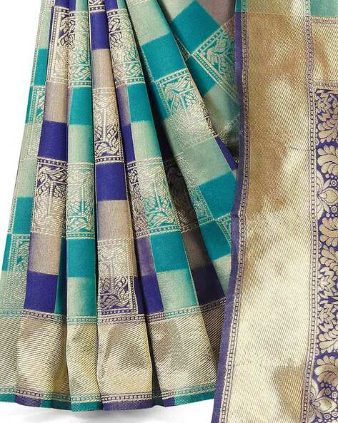 Banarasi semi cotton saree teal green with floral copper zari woven bu –  Cherrypick