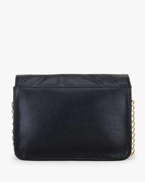 Dipped Leather Cross Body Bag With Chain Strap Black: R-11